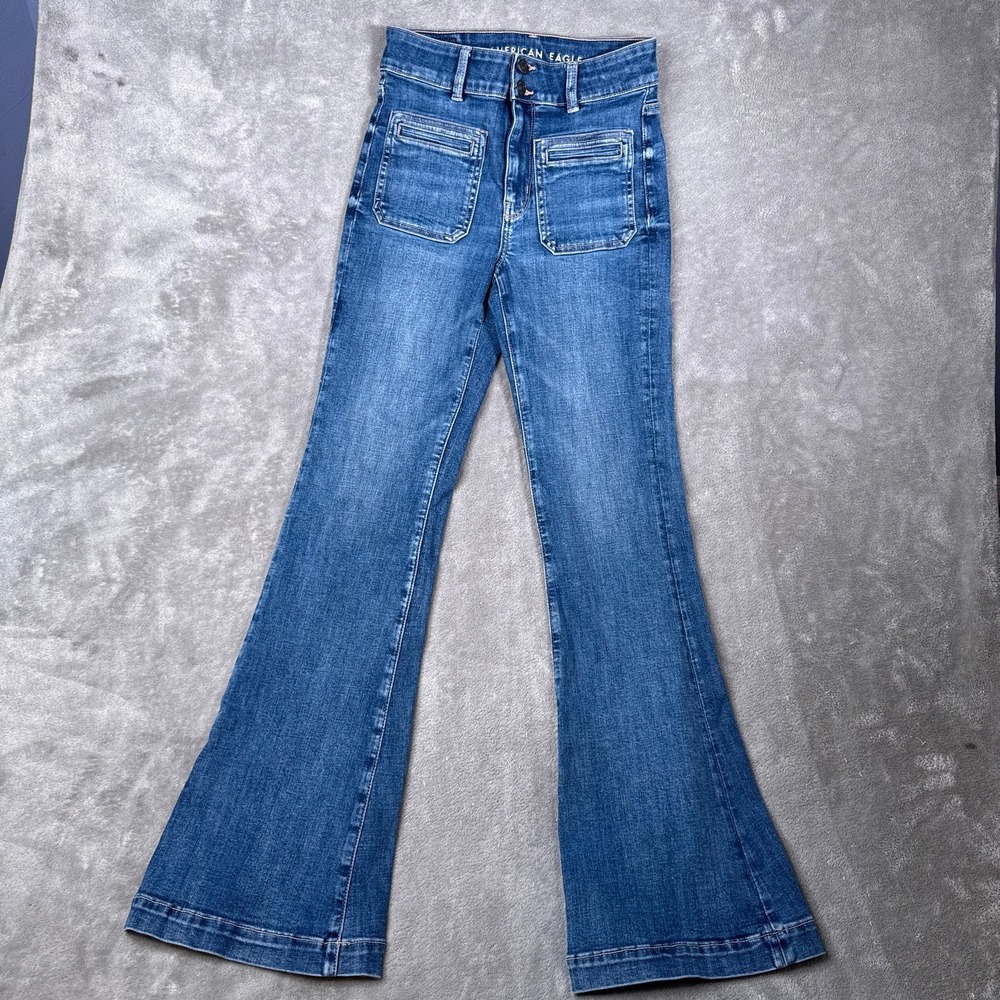 American Eagle Super Hi-Rise Flare Jeans Blue Womens 2 Long Medium Wash